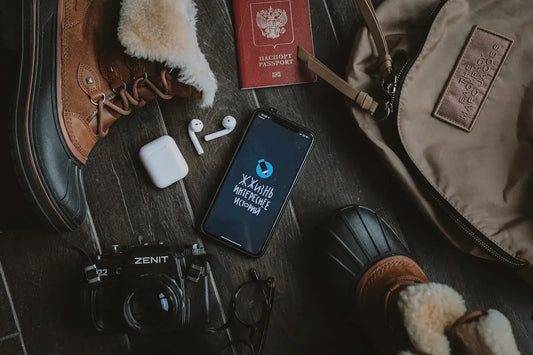 a pair of shoes, a passport, a camera, and a pair of ear